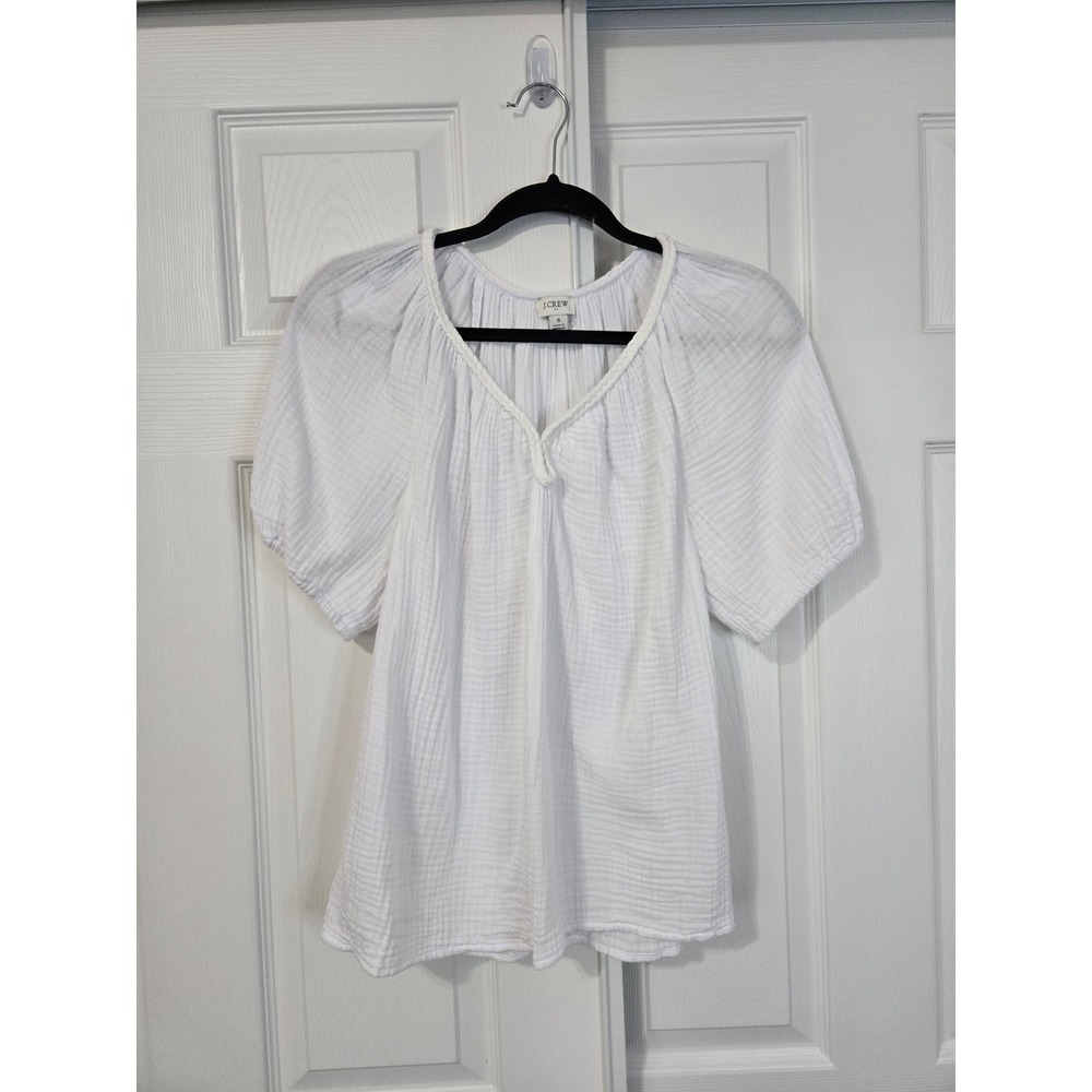 J.Crew White Cotton Gauze Puff Sleeve Split Neck Braided Trim Boho Top Small